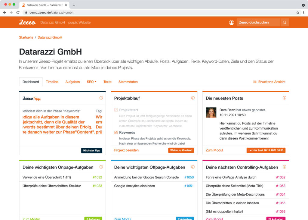 Zeeeo Dashboard Projekte